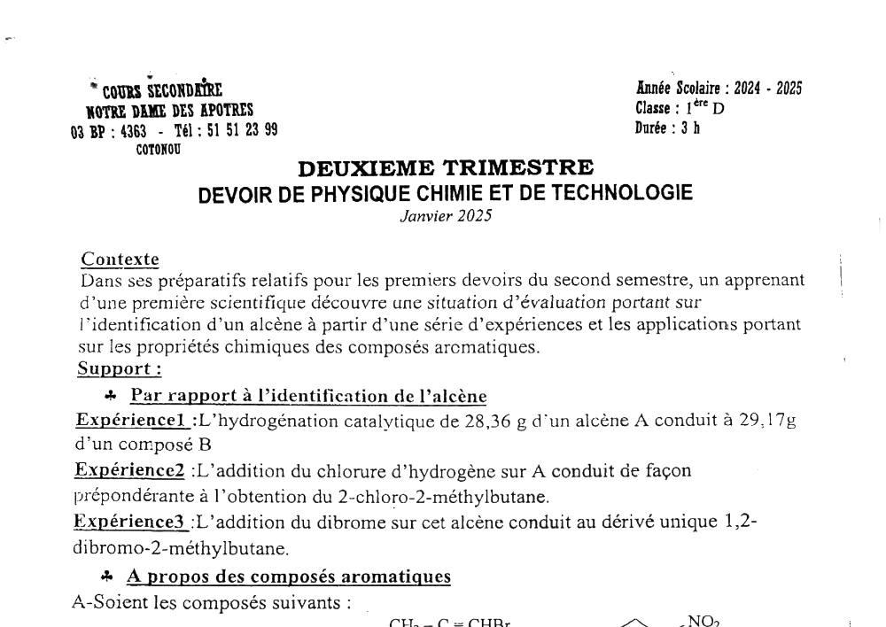 Aperçu de la première page — 1ère Physique Chimie Technologie Devoir Trimestre 2 de Première D, CS Notre‑Dame des Apôtres Janvier 2025