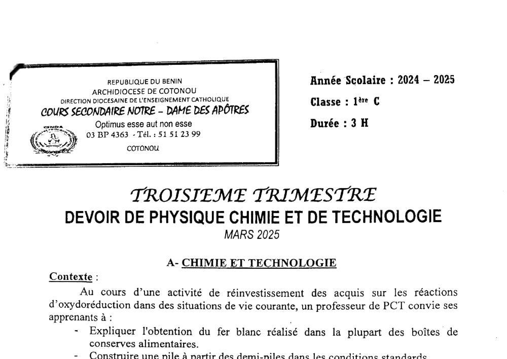 Aperçu de la première page — 1ère Physique Chimie Technologie Devoir Trimestre 3 Cours Secondaire Notre Dame des Apôtres Mars 2025
