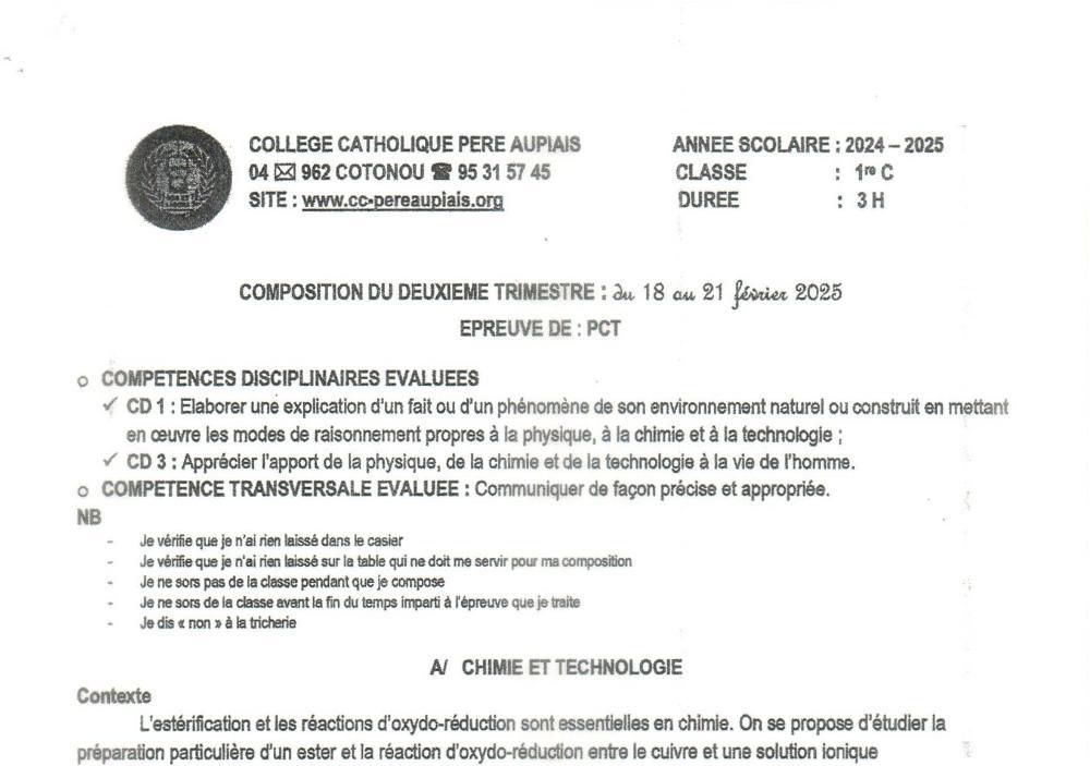 Aperçu de la première page — 1ère C Physique Chimie Technologie Composition Trimestre 2 Collège Catholique Père Aupiais Février 2025