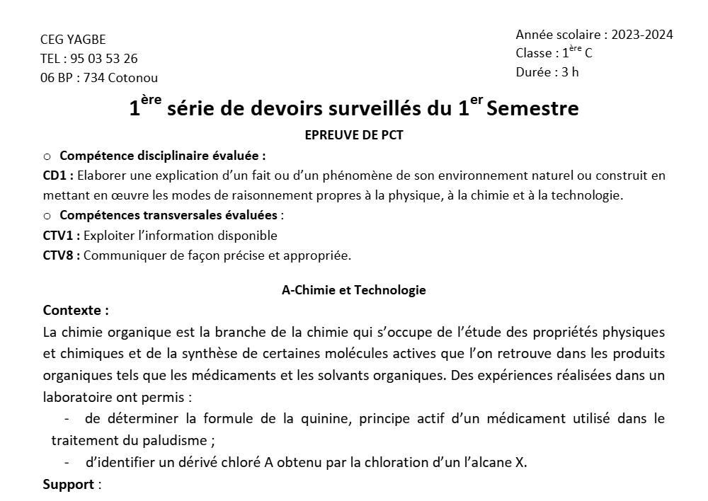 Aperçu de la première page — 1ère C Physique Chimie Technologie Devoir 1 Semestre 1 CEG Yagbe 2023 2024