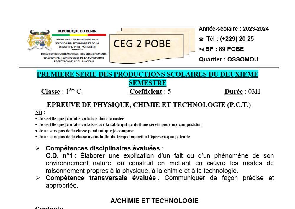 Aperçu de la première page — 1ère C Physique Chimie Technologie Devoir 1 Semestre 2 de CEG2 Pobè 2023 2024