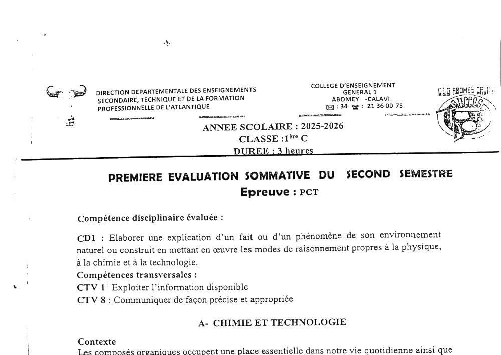 Aperçu de la première page — 1ère C Physique Chimie Technologie Devoir 1 Semestre 2 – CEG 1 Abomey Calavi 2025 2026