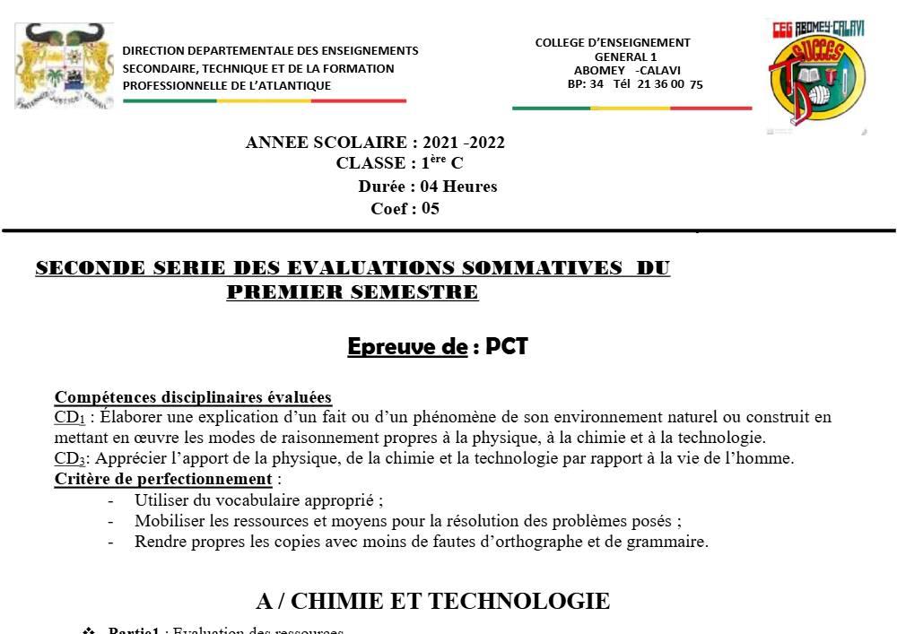 Aperçu de la première page — 1ère C Physique Chimie Technologie Devoir 2 Semestre 1 CEG1 Abomey Calavi 2021 2022