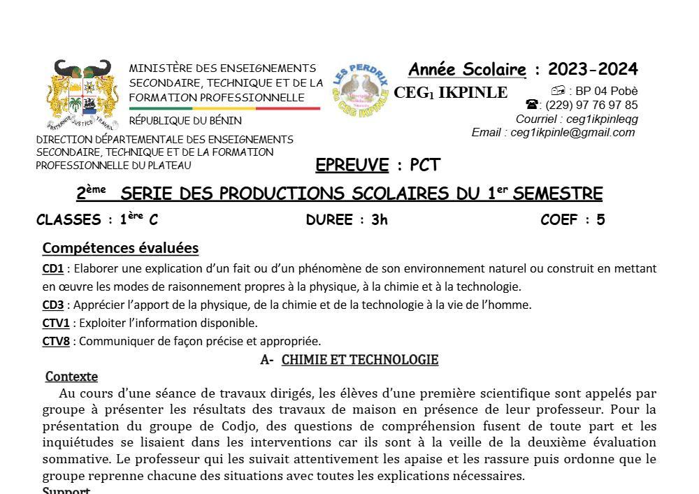 Aperçu de la première page — 1ère C Physique Chimie Technologie Devoir 2 Semestre 1 CEG1 Ikpinlè 2023 2024