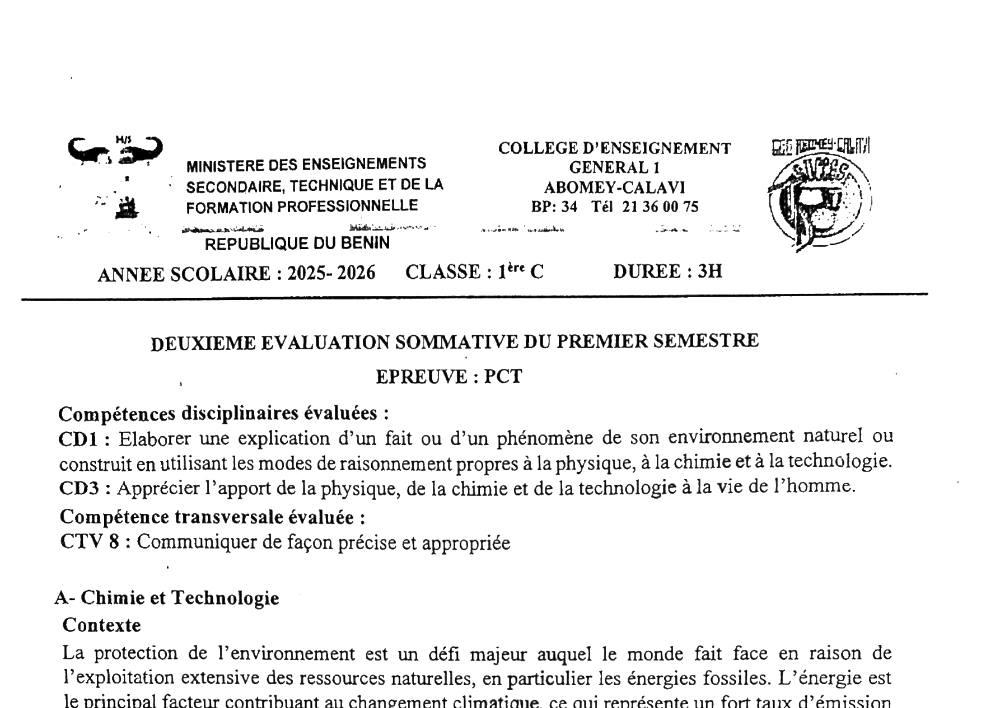 Aperçu de la première page — 1ère C Physique Chimie Technologie Evaluation sommative 2 Semestre 1 CEG1 Abomey Calavi 2025 2026