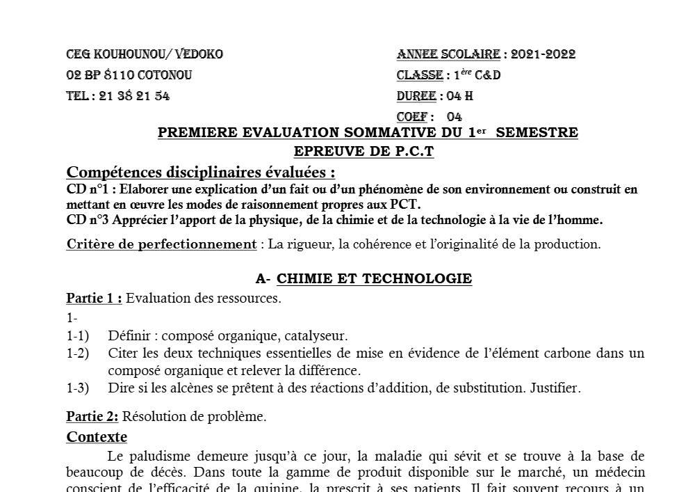Aperçu de la première page — 1ère C D Physique Chimie Technologie Devoir 1 Semestre 1 CEG Kouhounou Vedoko 2021 2022