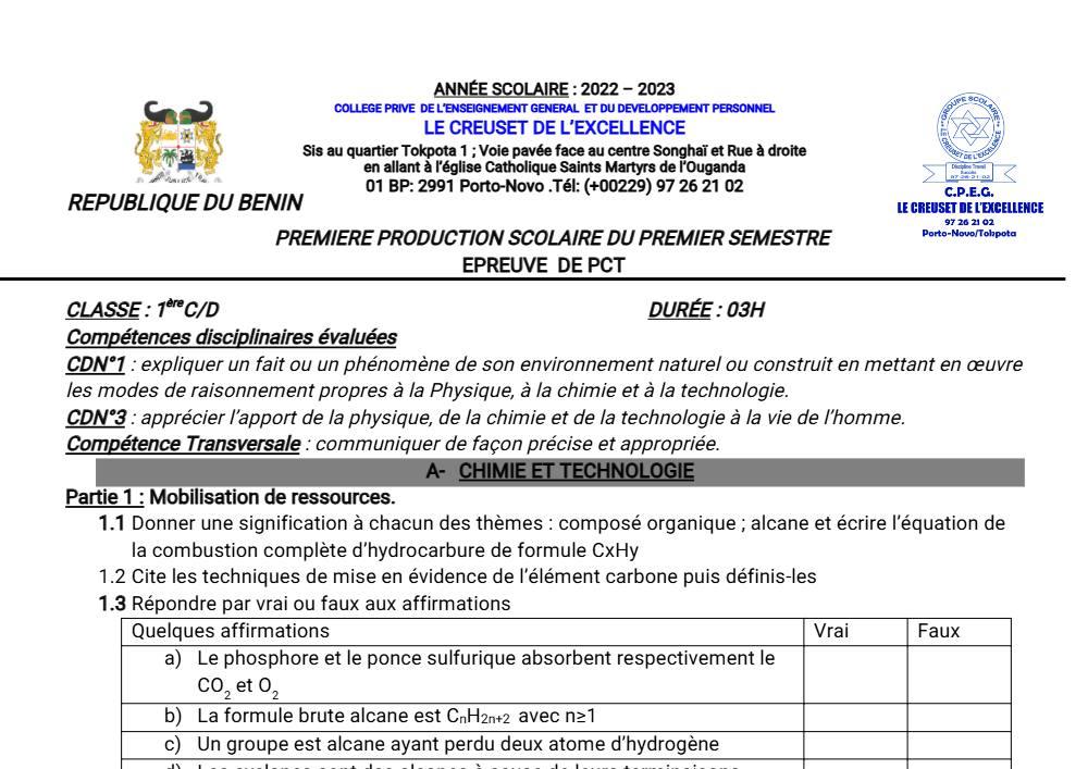 Aperçu de la première page — 1ère C D Physique Chimie Technologie Devoir 1 Semestre 1 CPEG Le Creuset de L'Excellence 2022 2023