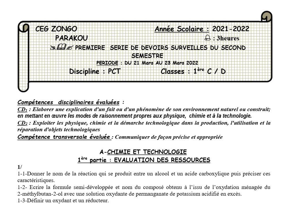 Aperçu de la première page — 1ère CD Physique Chimie Technologie Devoir 1 Semestre 2 CEG Zongo 2021 2022