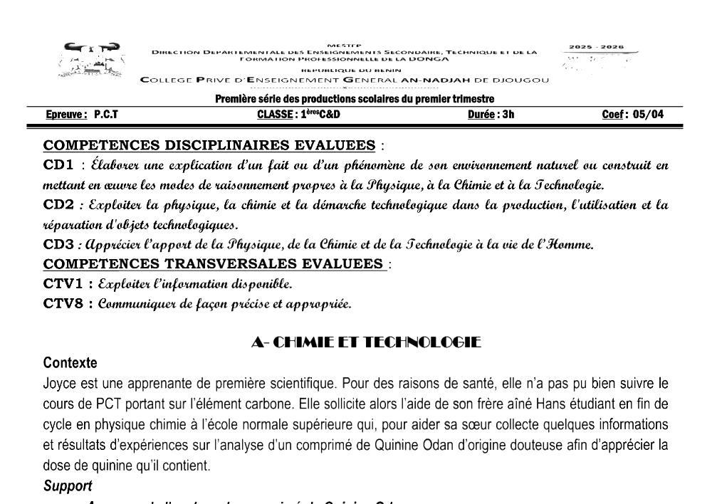 Aperçu de la première page — 1ère C D Physique Chimie Technologie Devoir 1 Trimestre 1 CPEG An Nadjah Djougou 2025