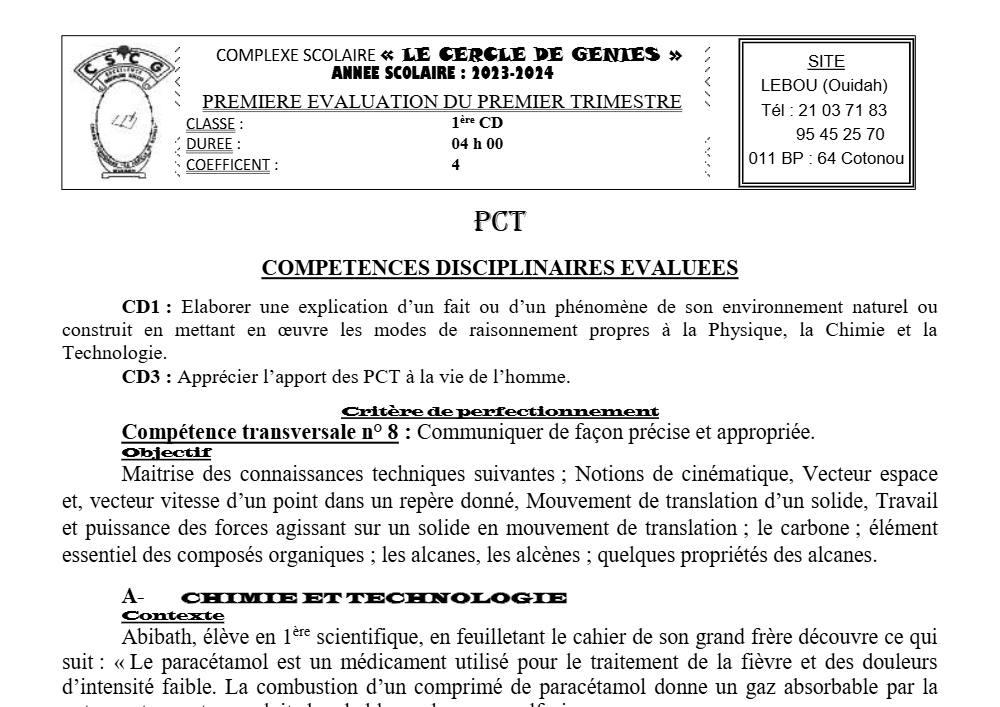 Aperçu de la première page — 1ère CD Physique Chimie Technologie Devoir 1 Trimestre 1 CP Le Cercle de Genies 2023 2024