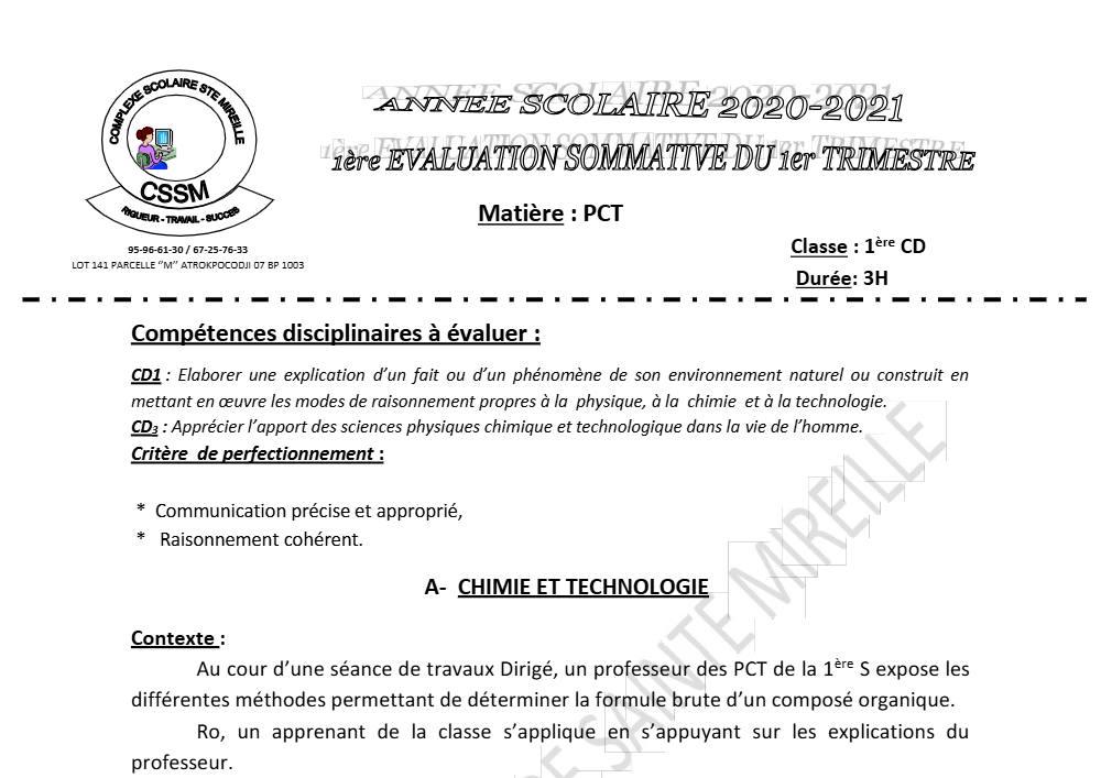 Aperçu de la première page — 1ère C D Physique Chimie Technologie Devoir 1 Trimestre 1 CS Ste Mireille 2020 2021