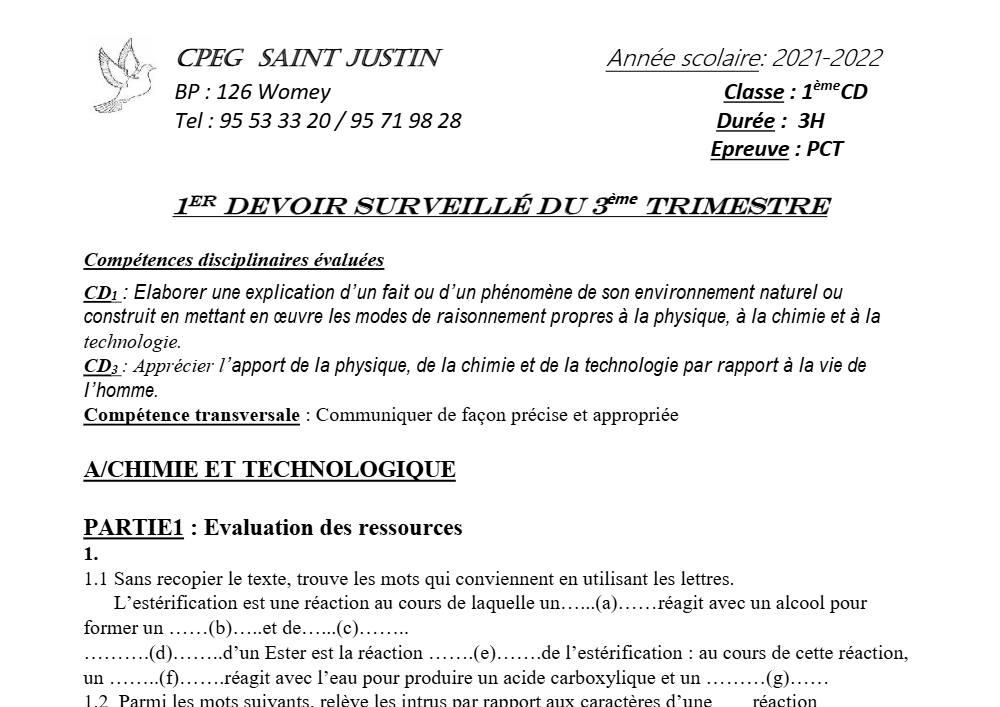 Aperçu de la première page — 1ère CD Physique Chimie Technologie Devoir 1 Trimestre 3 CPEG Maria Carole 2021 2022