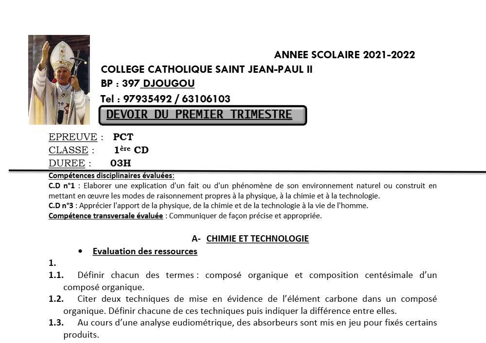 Aperçu de la première page — 1ère CD Physique Chimie Technologie Devoir Trimestre 1 Collège Catholique Saint Jean Paul II 2021 2022