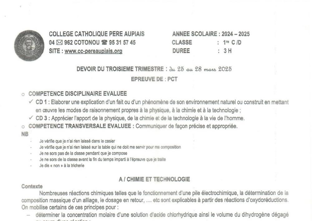 Aperçu de la première page — 1ère C D Physique Chimie Technologie Devoir Trimestre 3 Collège Père Aupiais Mars 2025