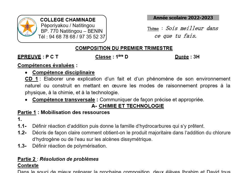 Aperçu de la première page — 1ère D Physique Chimie Technologie Composition Trimestre 1 Collège Chaminade 2022 2023