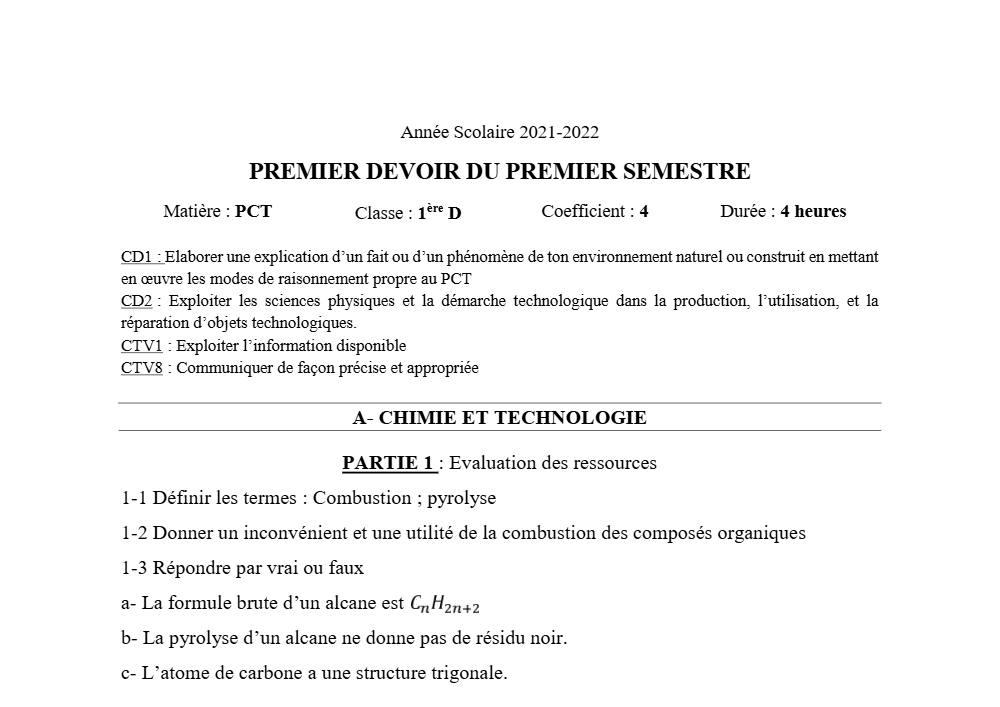 Aperçu de la première page — 1ère D Physique Chimie Technologie Devoir 1 Semestre 1 2021 2022