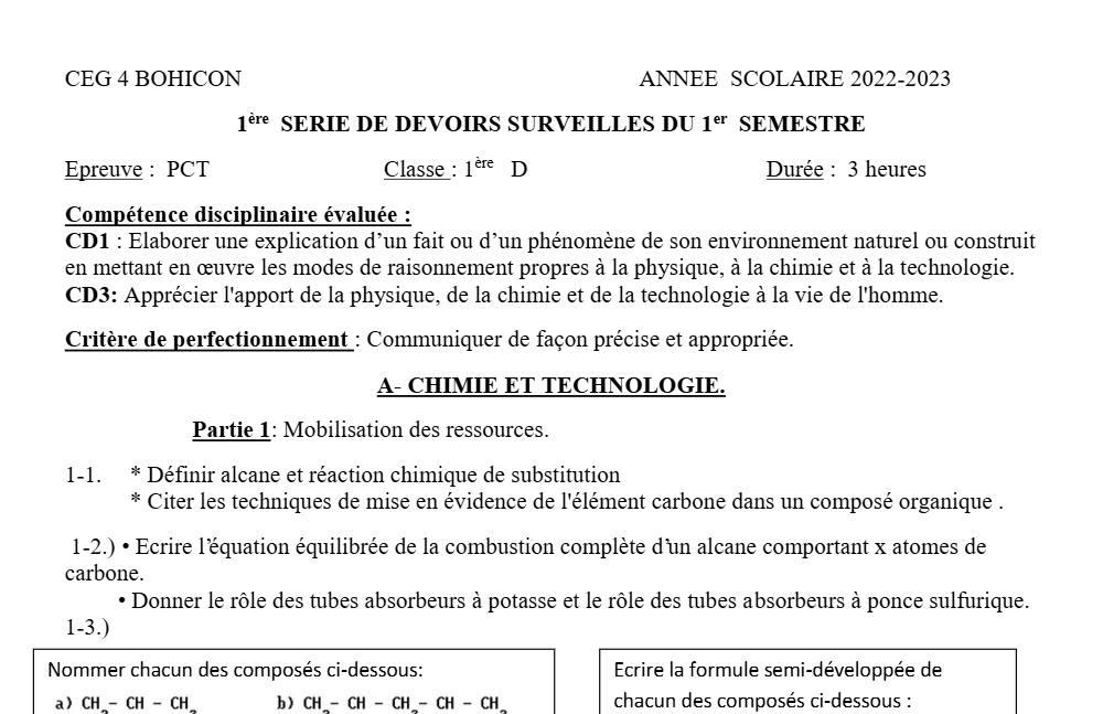 Aperçu de la première page — 1ère D Physique Chimie Technologie Devoir 1 Semestre 1 CEG 4 Bohicon 2022 2023