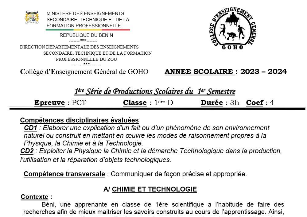 Aperçu de la première page — 1ère D Physique Chimie Technologie Devoir 1 Semestre 1 CEG Goho Abomey 2023 2024