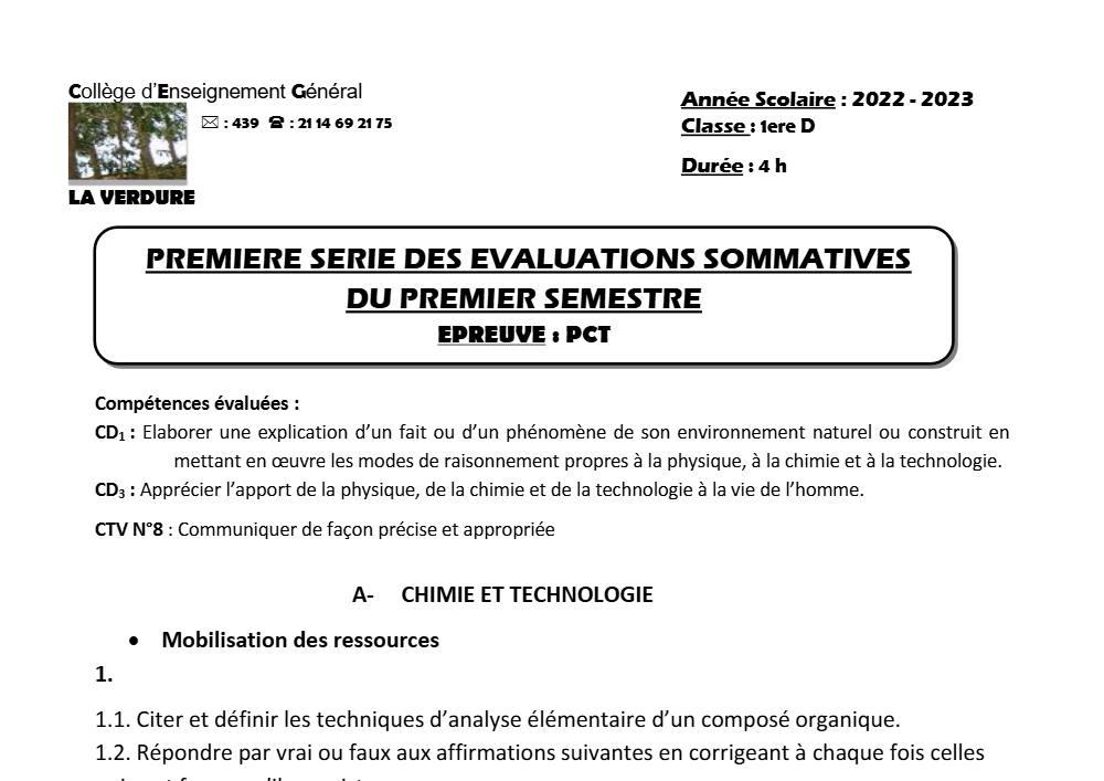 Aperçu de la première page — 1ère D Physique Chimie Technologie Devoir 1 Semestre 1 CEG La Verdure 2022 2023