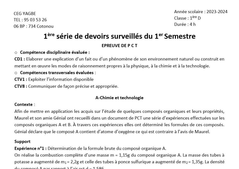 Aperçu de la première page — 1ère D Physique Chimie Technologie Devoir 1 Semestre 1 CEG Yagbe 2023 2024