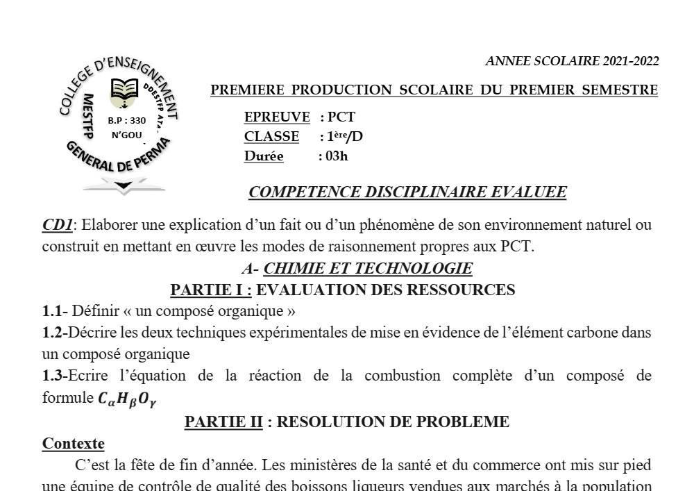 Aperçu de la première page — 1ère D Physique Chimie Technologie Devoir 1 Semestre 1 Collège D'Enseignement Général de Perma 2021 2022