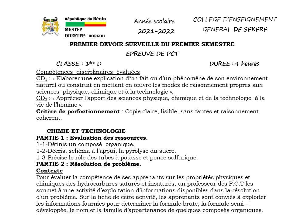 Aperçu de la première page — 1ère D Physique Chimie Technologie Devoir 1 Semestre 1 Collège D'Enseignement Général de Sékéré 2021 2022