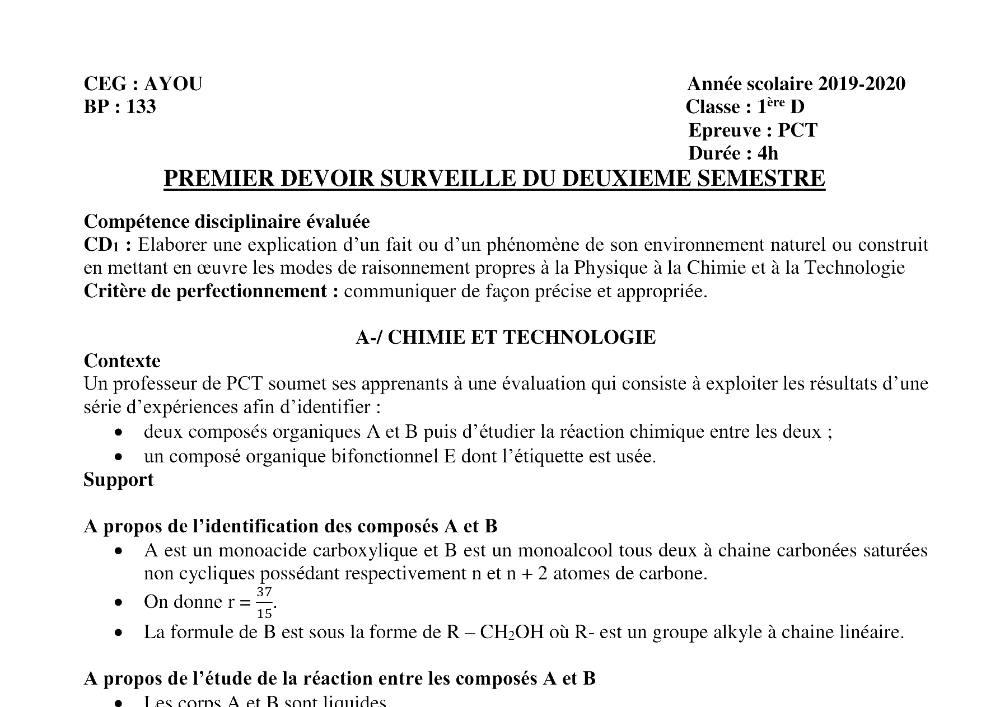 Aperçu de la première page — 1ère D Physique Chimie Technologie Devoir 1 Semestre 2 CEG Ayou Benin 2019 2020