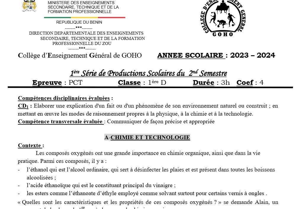 Aperçu de la première page — 1ère D Physique Chimie Technologie Devoir 1 Semestre 2 CEG Goho 2023 2024