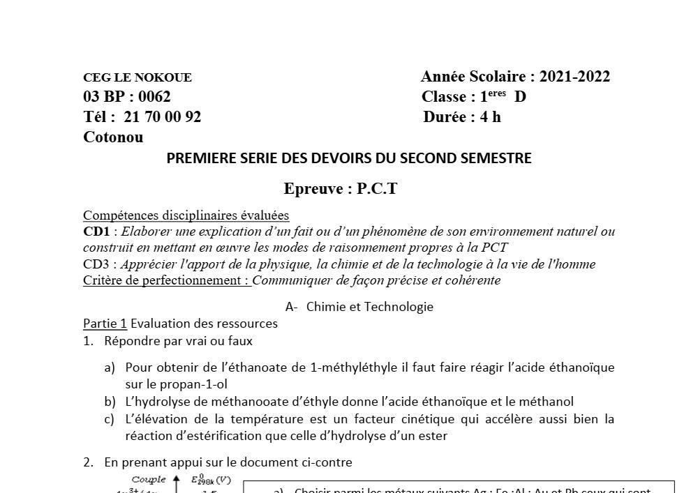 Aperçu de la première page — 1ère D Physique Chimie Technologie Devoir 1 Semestre 2 CEG Le Nokoué 2021 2022