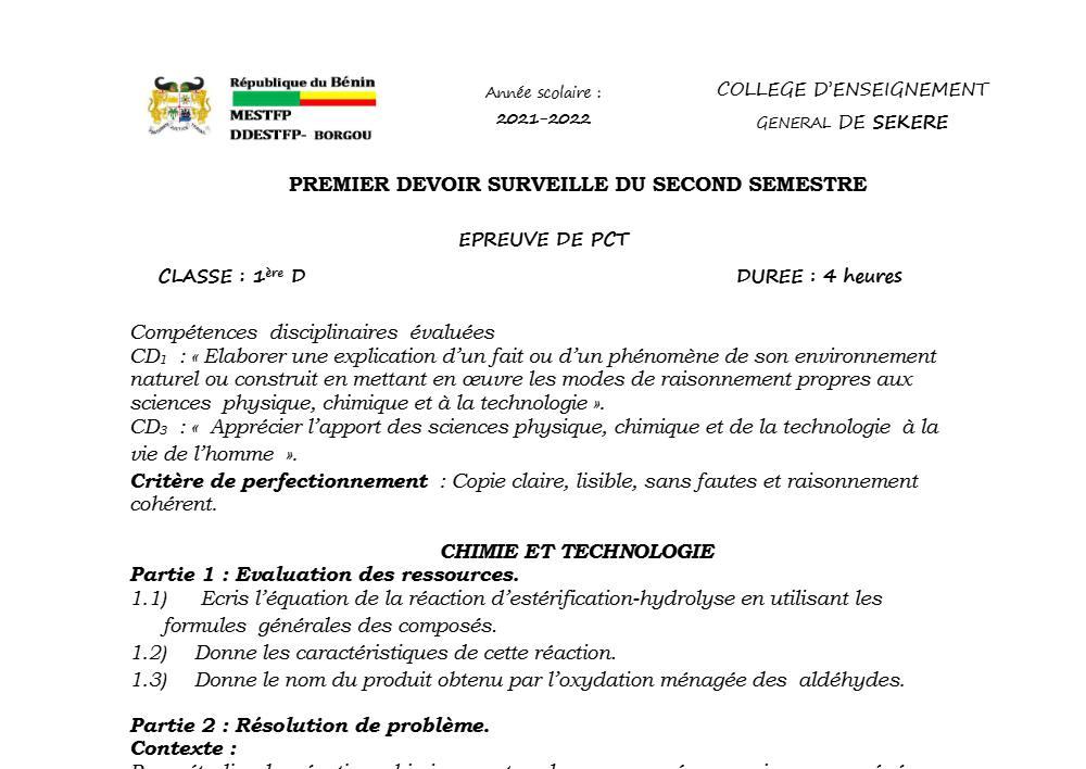 Aperçu de la première page — 1ère D Physique Chimie Technologie Devoir 1 Semestre 2 CEG Sékéré 2021 2022