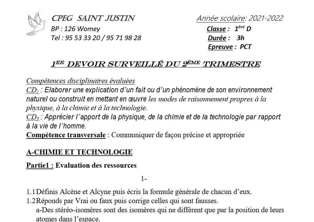 Aperçu de la première page — 1ère D Physique Chimie Technologie Devoir 1 Trimestre 2 CPEG Saint Justin 2021 2022