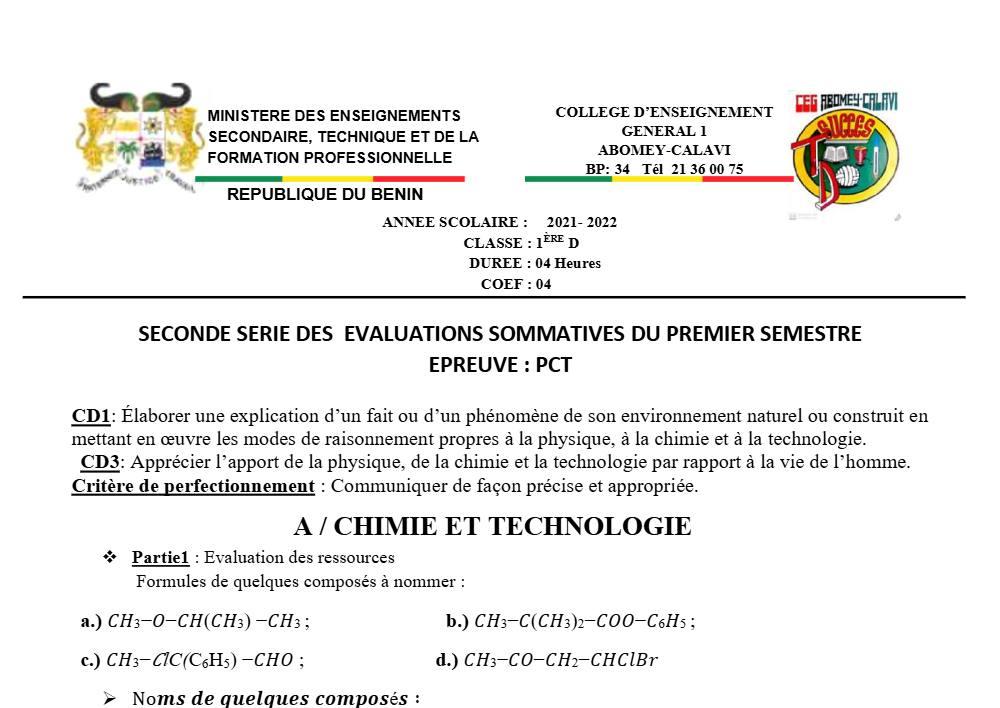 Aperçu de la première page — 1ère D Physique Chimie Technologie Devoir 2 Semestre 1 CEG1 Abomey Calavi 2021 2022