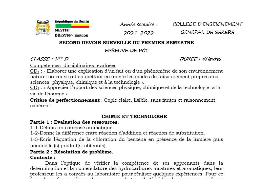 Aperçu de la première page — 1ère D Physique Chimie Technologie Devoir 2 Semestre 1 CEG Sékéré 2021 2022