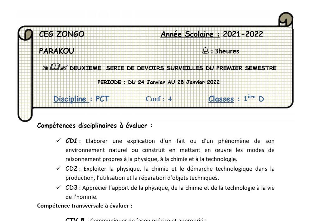 Aperçu de la première page — 1ère D Physique Chimie Technologie Devoir 2 Semestre 1 CEG Zongo 2021 2022