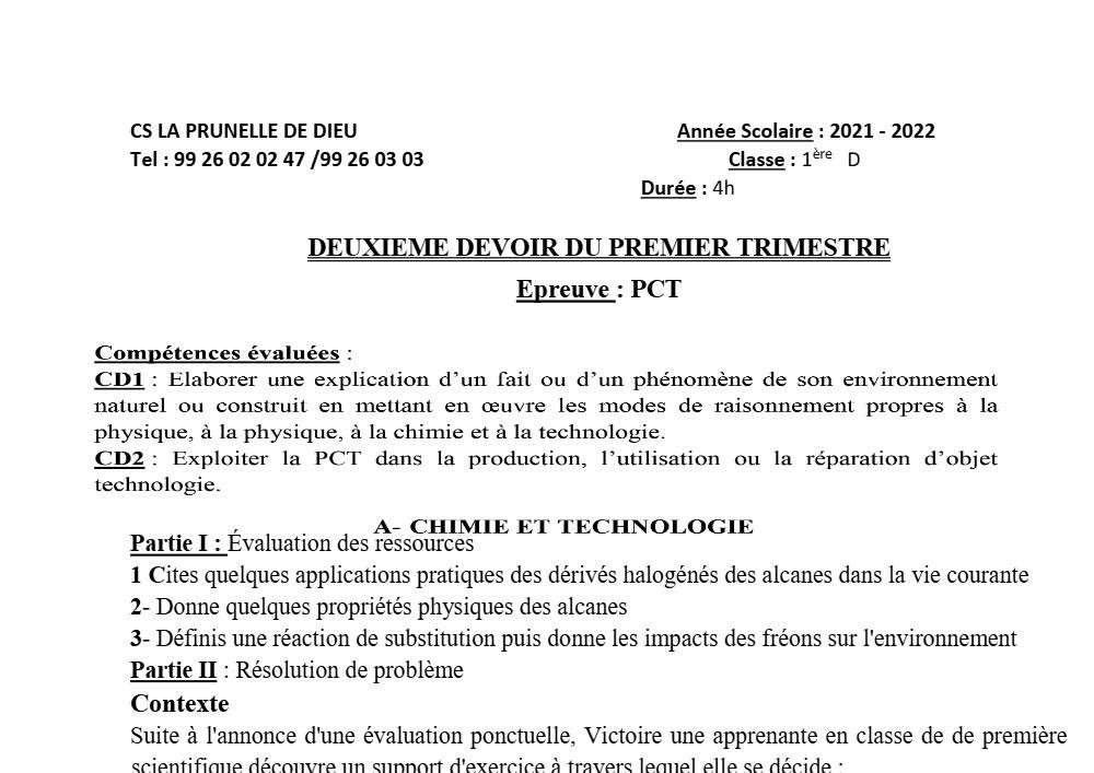 Aperçu de la première page — 1ère D Physique Chimie Technologie Devoir 2 Trimestre 1 CS La Prunelle de Dieu 2021 2022
