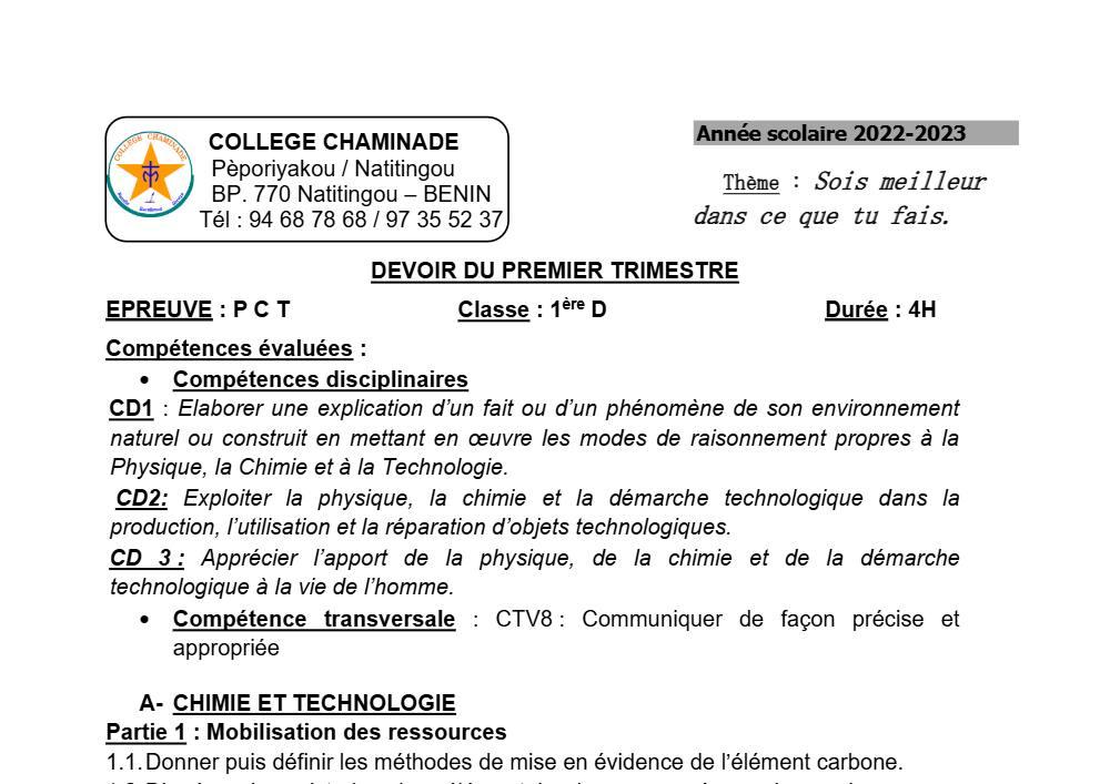 Aperçu de la première page — 1ère D Physique Chimie Technologie Devoir Trimestre 1 Collège Chaminade 2022 2023