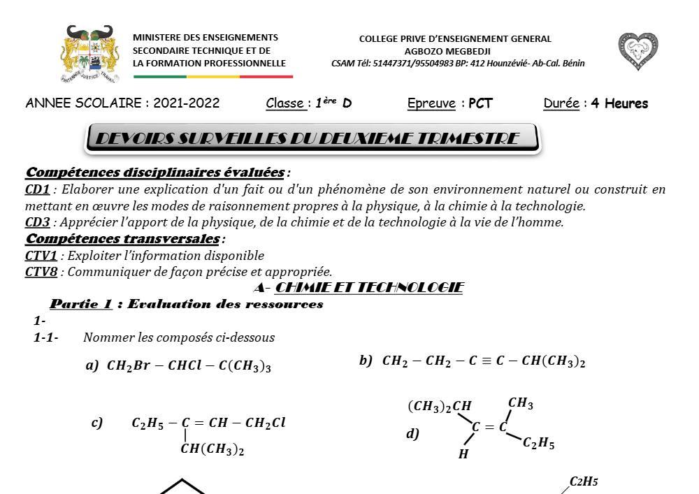 Aperçu de la première page — 1ère D Physique Chimie Technologie Devoir Trimestre 2 CPEG Agbozo Megbedji 2021 2022