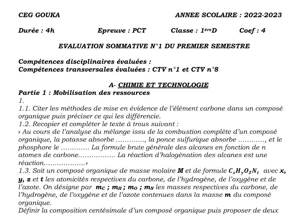 Aperçu de la première page — 1ère D Physique Chimie Technologie Evaluation sommative Semestre 1 CEG Gouka Benin 2022 2023