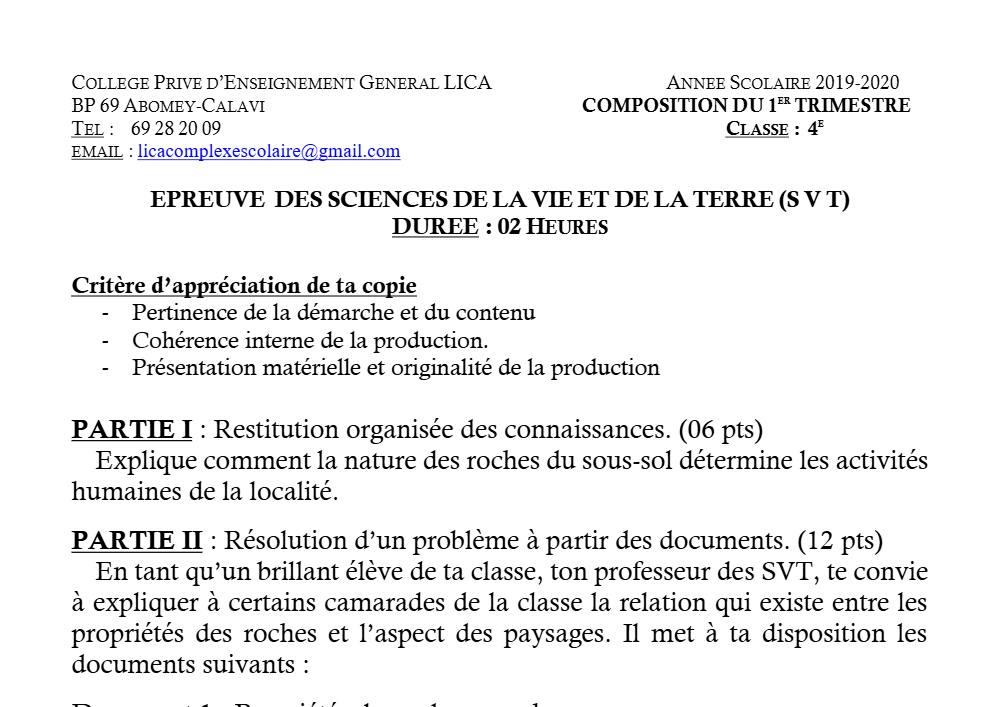 Aperçu de la première page — 4e SVT Composition Trimestre 1 CPEG Lica 2019 2020