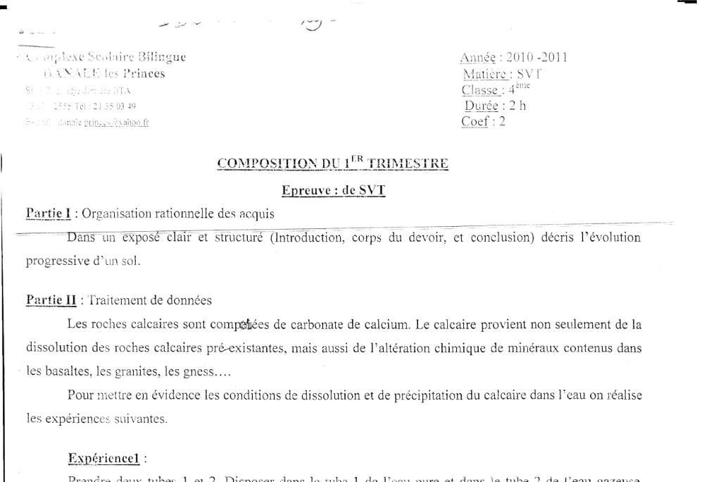 Aperçu de la première page — SVT 4e — 1er trimestre 2010