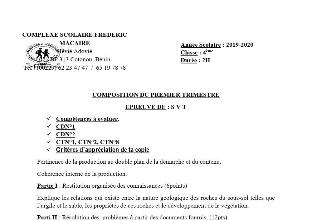 Aperçu de la première page — 4e SVT Composition Trimestre 1 CS Frederic Macaire 2019 2020