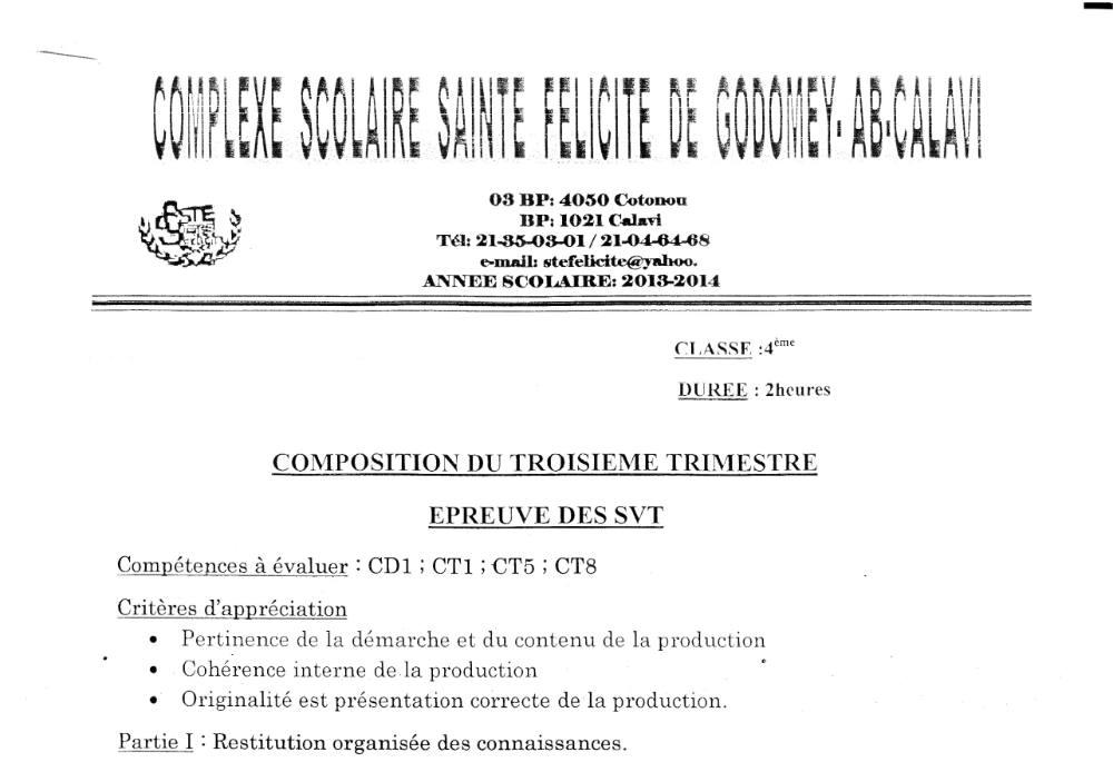Aperçu de la première page — 4e SVT Composition Trimestre 3 C S Ste Félicité 2013 2014