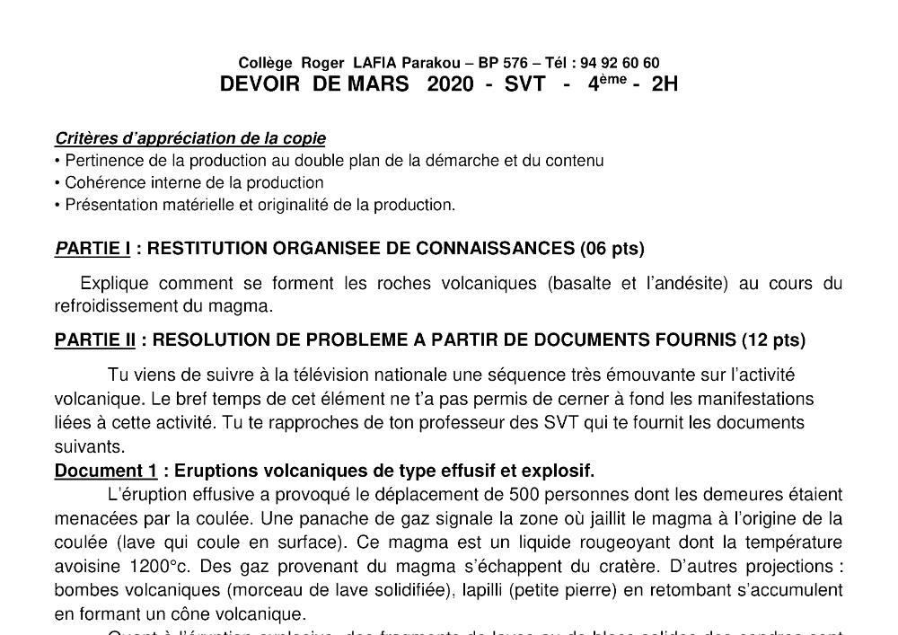 Aperçu de la première page — 4e SVT Devoir Collège Roger Lafia