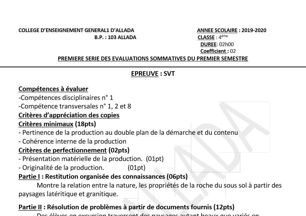 Aperçu de la première page — 4e SVT Devoir 1 Semestre 1 CEG1 Allada 2019 2020