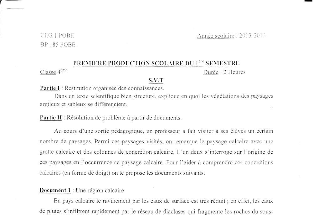 Aperçu de la première page — 4e SVT Devoir 1 Semestre 1 CEG1 Pobè 2013 2014