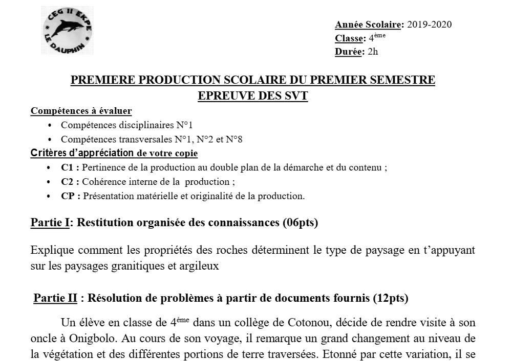 Aperçu de la première page — 4e SVT Devoir 1 Semestre 1 CEG2 Ekpe 2019 2020
