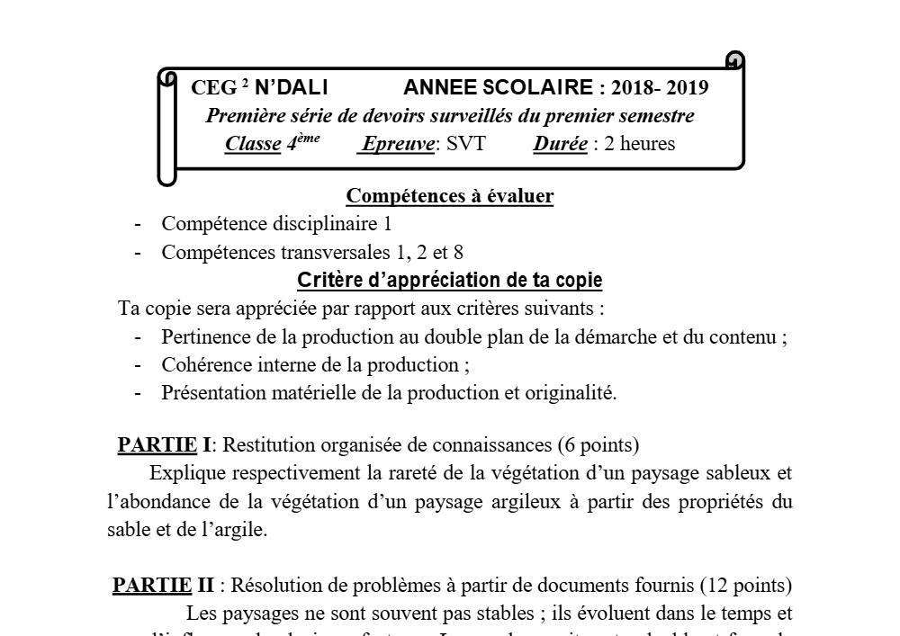 Aperçu de la première page — 4e SVT Devoir 1 Semestre 1 CEG2 N'Dali 2018 2019