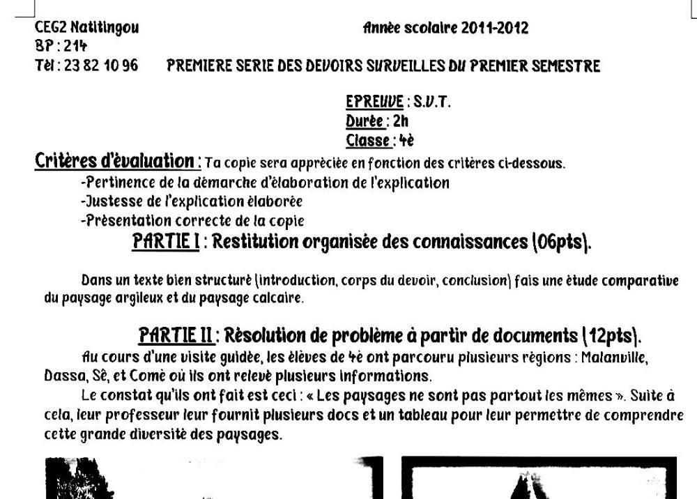 Aperçu de la première page — 4e SVT Devoir 1 Semestre 1 CEG2 Natitingou 2011 2012