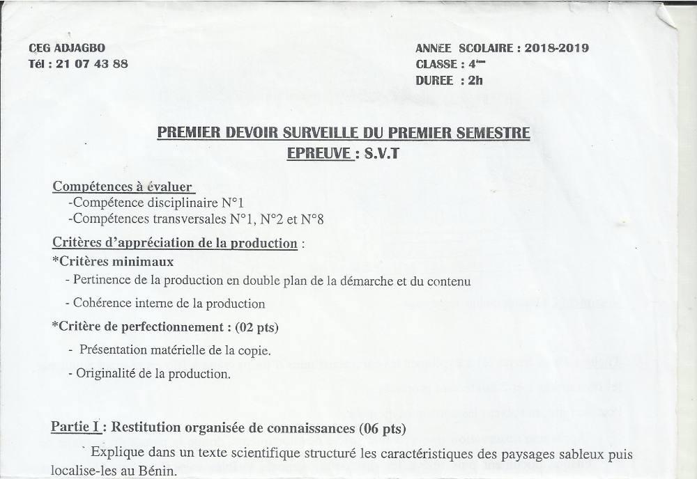 Aperçu de la première page — 4e SVT Devoir 1 Semestre 1 CEG Adjagbo 2018 2019