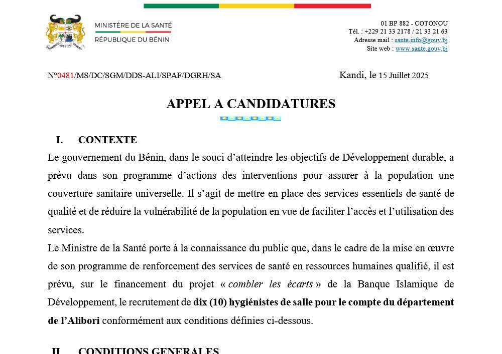 Aperçu de la première page — Avis de recrutement hygiéniste de salle 2025 DDS Alibori
